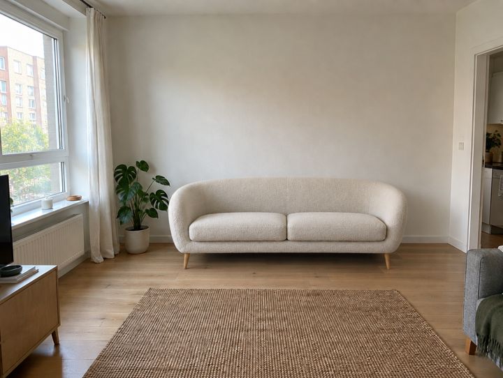 The living room with the bouclé sofa placed